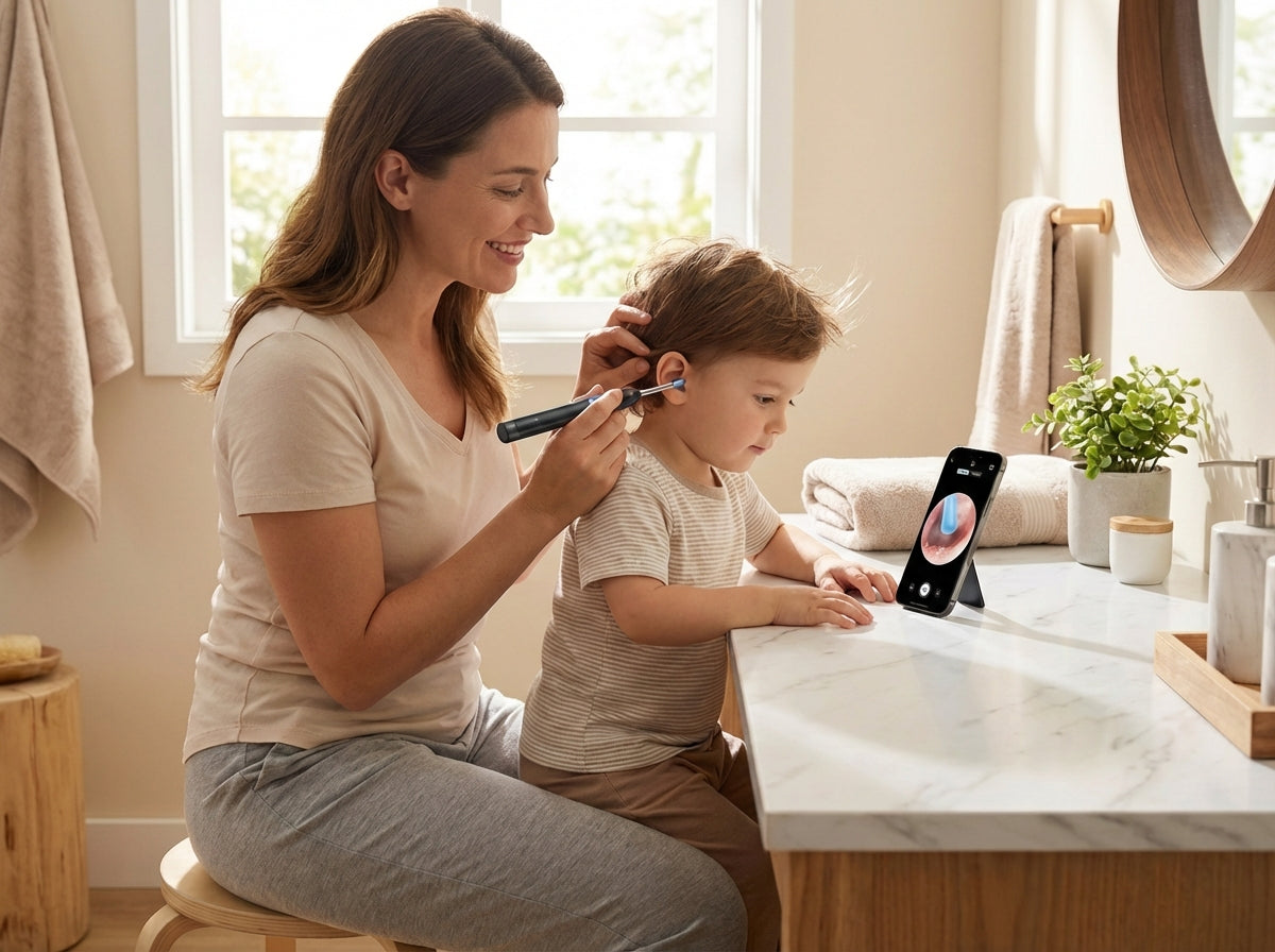 ClearView Pro connected to smartphone showing ear canal view